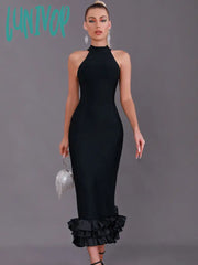 Lunivop Women Summer Sexy Tank Ruffules Satin Black Mid-Calf Bodycon Bandage Dress Elegant Evening