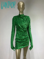 Lunivop Women Summer Sexy Turtleneck Long Sleeve Velvet Green Mini Sequins Bodycon Dress Elegant