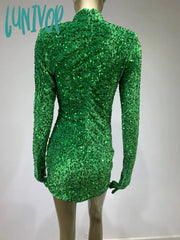 Lunivop Women Summer Sexy Turtleneck Long Sleeve Velvet Green Mini Sequins Bodycon Dress Elegant