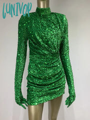 Lunivop Women Summer Sexy Turtleneck Long Sleeve Velvet Green Mini Sequins Bodycon Dress Elegant