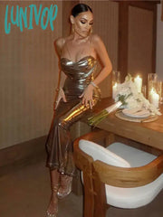 Lunivop Women Summer Sexy V Neck Chain Sparkly Gold Maxi Long Dress Elegant Party Stage Performance