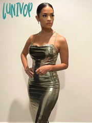 Lunivop Women Summer Sexy V Neck Chain Sparkly Gold Maxi Long Dress Elegant Party Stage Performance