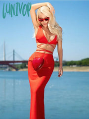 Lunivop Women Summer Sexy V Neck Red Black Two Piece Maxi Long Skirt Bandage Set Evening Party