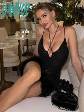 Lunivop Women Summer Sexy V Neck Sequins Glitter Sparkly Feather Mesh Black Mini Bodycon Dress