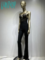 Lunivop Women Summer Style Sexy Sleeveless Backless Lace Black Bodycon Bandage Jumpsuit Celebrity