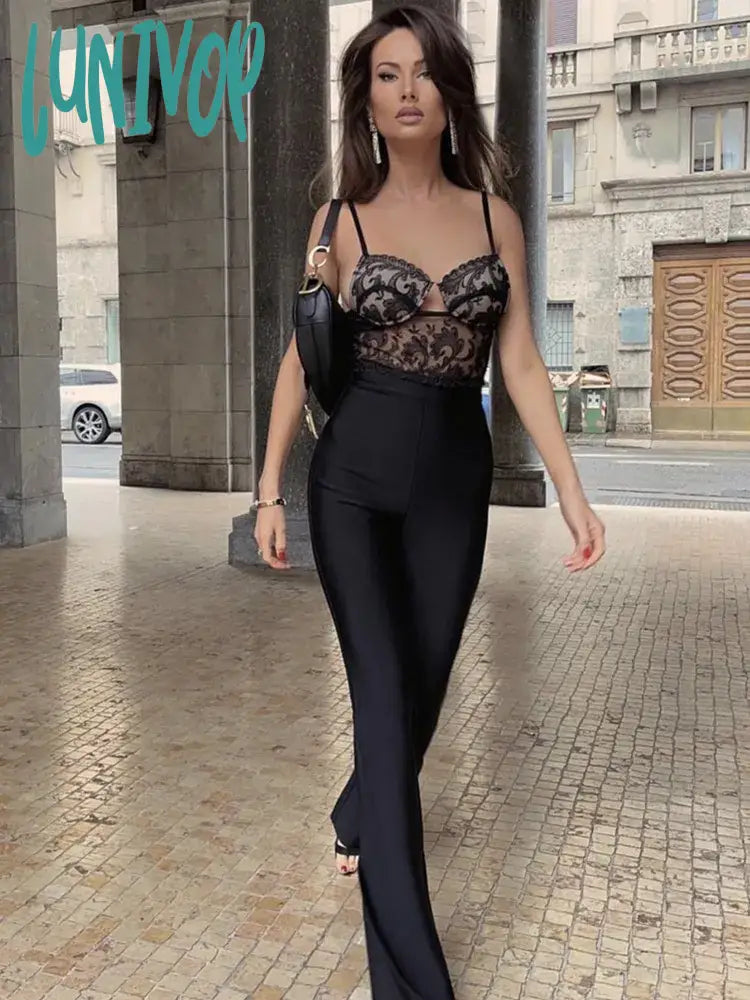 Lunivop Women Summer Style Sexy Sleeveless Backless Lace Black Bodycon Bandage Jumpsuit Celebrity