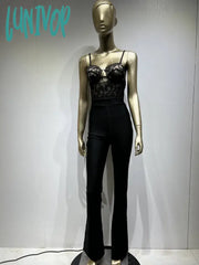 Lunivop Women Summer Style Sexy Sleeveless Backless Lace Black Bodycon Bandage Jumpsuit Celebrity