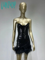 Lunivop Women Summer Style Sexy Strapless Backless Feather Mesh Sequins Glitter Black Bodycon Dress