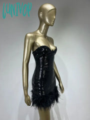 Lunivop Women Summer Style Sexy Strapless Backless Feather Mesh Sequins Glitter Black Bodycon Dress