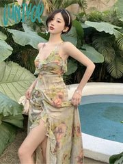 Lunivop Women Summer Vintage Sleeveless Floral Midi Split Party Night Dresses Ruffles Boho Casual