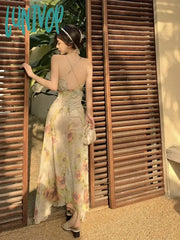 Lunivop Women Summer Vintage Sleeveless Floral Midi Split Party Night Dresses Ruffles Boho Casual