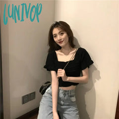 Lunivop Women T-Shirt Short Sleeve Tshirt For Woman Square Collar Solid Color Pullover Top Spring