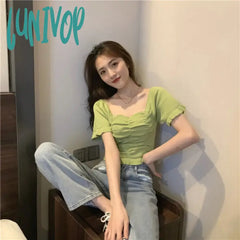 Lunivop Women T-Shirt Short Sleeve Tshirt For Woman Square Collar Solid Color Pullover Top Spring