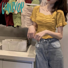 Lunivop Women T-Shirt Short Sleeve Tshirt For Woman Square Collar Solid Color Pullover Top Spring