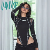 Lunivop Women Turtleneck Bodysuits Mesh Patchwork Letter Print Jumpsuit Fashion Female Workout
