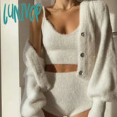 Lunivop Women Two Piece Sets Outfits White Plush Mohair Drill Button Cardigan Coats With Bra Tops