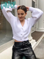 Lunivop Women Two Piece Sets Outfits White Plush Mohair Drill Button Cardigan Coats With Bra Tops