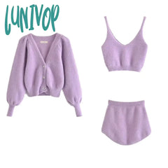 Lunivop Women Two Piece Sets Outfits White Plush Mohair Drill Button Cardigan Coats With Bra Tops