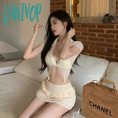 Lunivop Women Two-Piece Swimwear Swimsuit White Korean Style 2 Piece Beach Wear Swimsuit Set