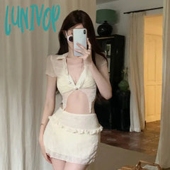 Lunivop Women Two-Piece Swimwear Swimsuit White Korean Style 2 Piece Beach Wear Swimsuit Set