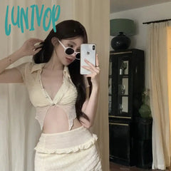 Lunivop Women Two-Piece Swimwear Swimsuit White Korean Style 2 Piece Beach Wear Swimsuit Set