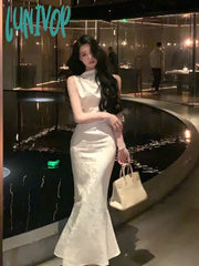 Lunivop Women Vintage Casual Fishtail Long Dress Summer Elegant Print Birthday Slim Evening Club