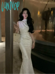 Lunivop Women Vintage Casual Fishtail Long Dress Summer Elegant Print Birthday Slim Evening Club