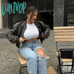 Lunivop Women Washed Leather Loose Jacket Vintage Stand Collar Gradient Zipper Short Coat Spring