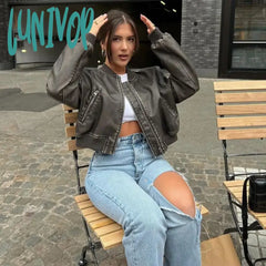 Lunivop Women Washed Leather Loose Jacket Vintage Stand Collar Gradient Zipper Short Coat Spring