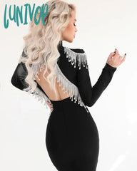 Lunivop Women White Black Sexy Sparkly Backless Diamond Tassel Vestido Bandage Dress Long Sleeve