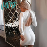 Lunivop Women White Black Sexy Sparkly Backless Diamond Tassel Vestido Bandage Dress Long Sleeve