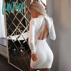 Lunivop Women White Black Sexy Sparkly Backless Diamond Tassel Vestido Bandage Dress Long Sleeve