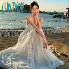Lunivop Women White Lace Spaghetti Straps Backless Summer V-Neck Bandage Fairy Long Dress Sexy Club