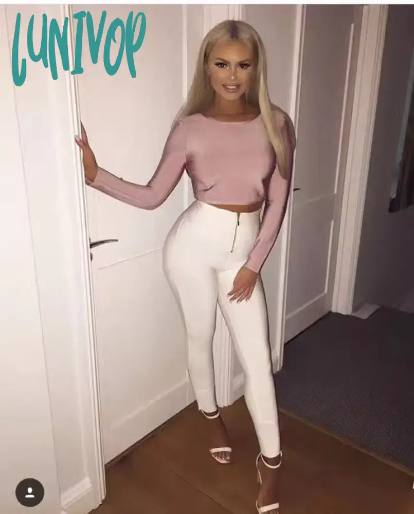 Lunivop Women Winter Fashion Sexy Back Zipper Black White Bandage Pants Designer Bodycon Elastic