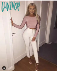 Lunivop Women Winter Fashion Sexy Back Zipper Black White Bandage Pants Designer Bodycon Elastic