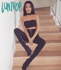 Lunivop Women Winter Fashion Sexy Back Zipper Black White Bandage Pants Designer Bodycon Elastic