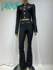 Lunivop Women Winter Fashion Sexy Long Sleeve Button Black Two Piece Pants Bandage Set Women’s