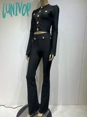 Lunivop Women Winter Fashion Sexy Long Sleeve Button Black Two Piece Pants Bandage Set Women’s