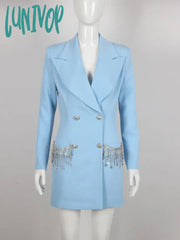 Lunivop Women Winter Fashion Sexy Long Sleeve Crystal Diamonds Tassel Blue Blazer Mini Dress