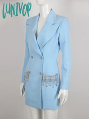 Lunivop Women Winter Fashion Sexy Long Sleeve Crystal Diamonds Tassel Blue Blazer Mini Dress
