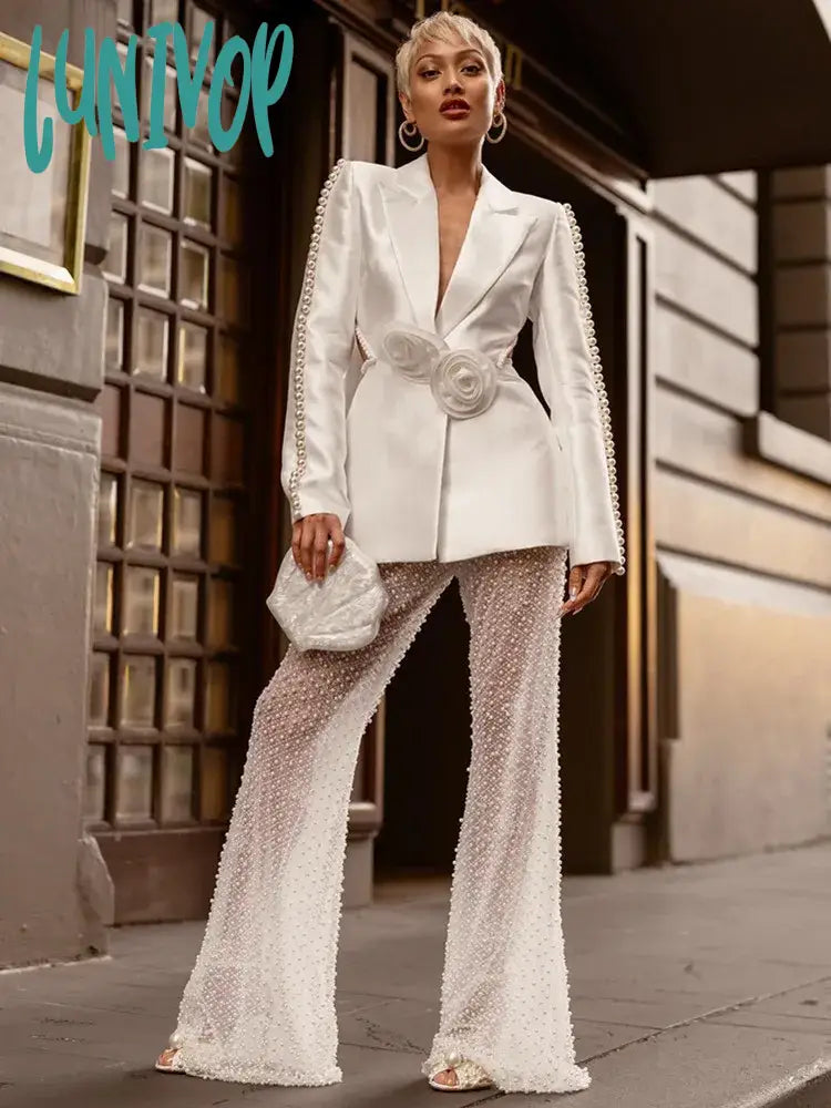 Lunivop Women Winter Luxury Sexy Long Sleeve V Neck Pearl Beading White Pants Set Celebrity