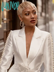 Lunivop Women Winter Luxury Sexy Long Sleeve V Neck Pearl Beading White Pants Set Celebrity