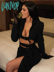 Lunivop Women Winter Sexy Long Sleeve Buckle Black Split Midi Skirt Set Knitted Elegant Evening