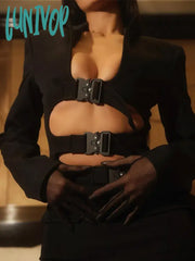 Lunivop Women Winter Sexy Long Sleeve Buckle Black Split Midi Skirt Set Knitted Elegant Evening