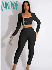 Lunivop Women Winter Sexy Long Sleeve Buckles Diamonds Black White Red Pants Bandage Set Celebrity