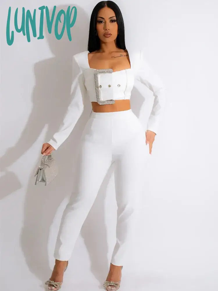 Lunivop Women Winter Sexy Long Sleeve Buckles Diamonds Black White Red Pants Bandage Set Celebrity