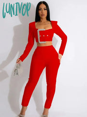 Lunivop Women Winter Sexy Long Sleeve Buckles Diamonds Black White Red Pants Bandage Set Celebrity