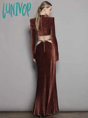 Lunivop Women Winter Sexy Long Sleeve Chain Hollow Out Maxi Bodycon Skirt Suits Elegant Designer
