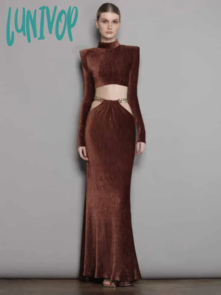 Lunivop Women Winter Sexy Long Sleeve Chain Hollow Out Maxi Bodycon Skirt Suits Elegant Designer
