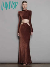 Lunivop Women Winter Sexy Long Sleeve Chain Hollow Out Maxi Bodycon Skirt Suits Elegant Designer